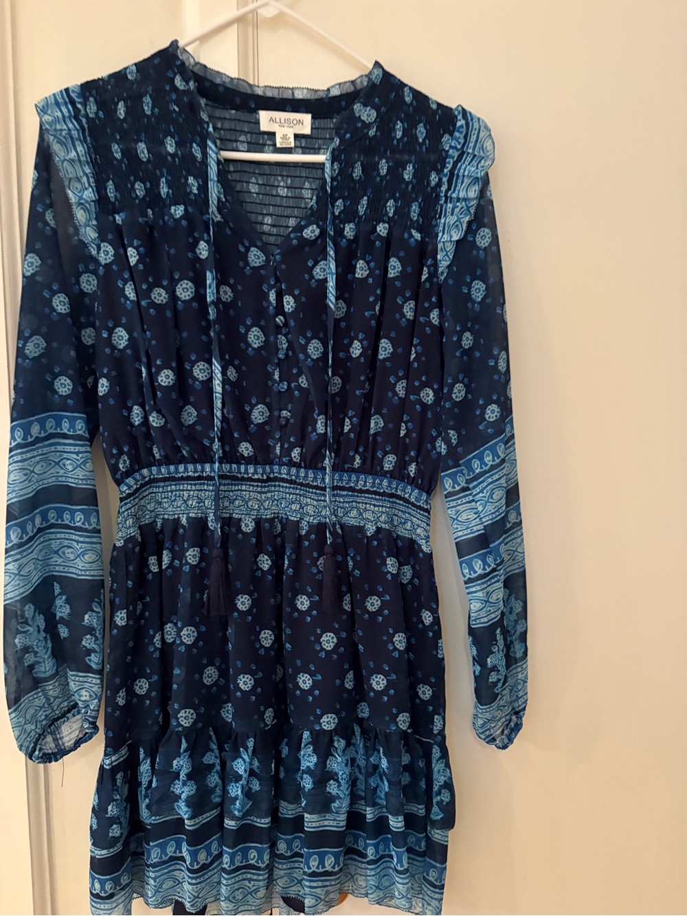 Allison Navy Blue Printed Long-Sleeve Mini Dress